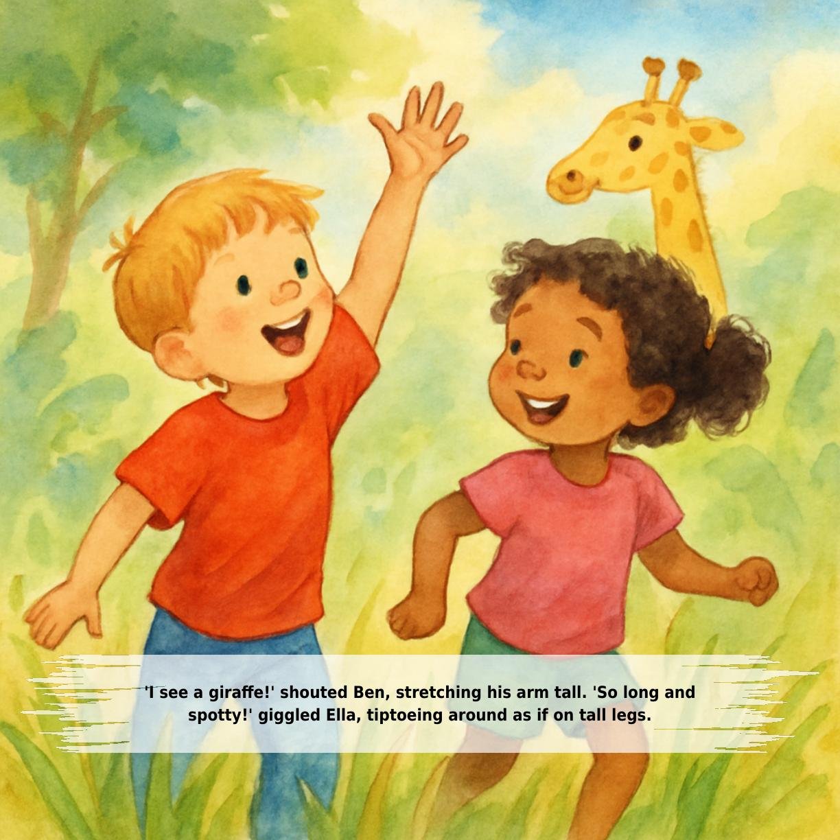 'I see a giraffe!' shouted Ben, stretching his arm tall. 'So long and
spotty!' giggled Ella, tiptoeing around as if on tall legs.