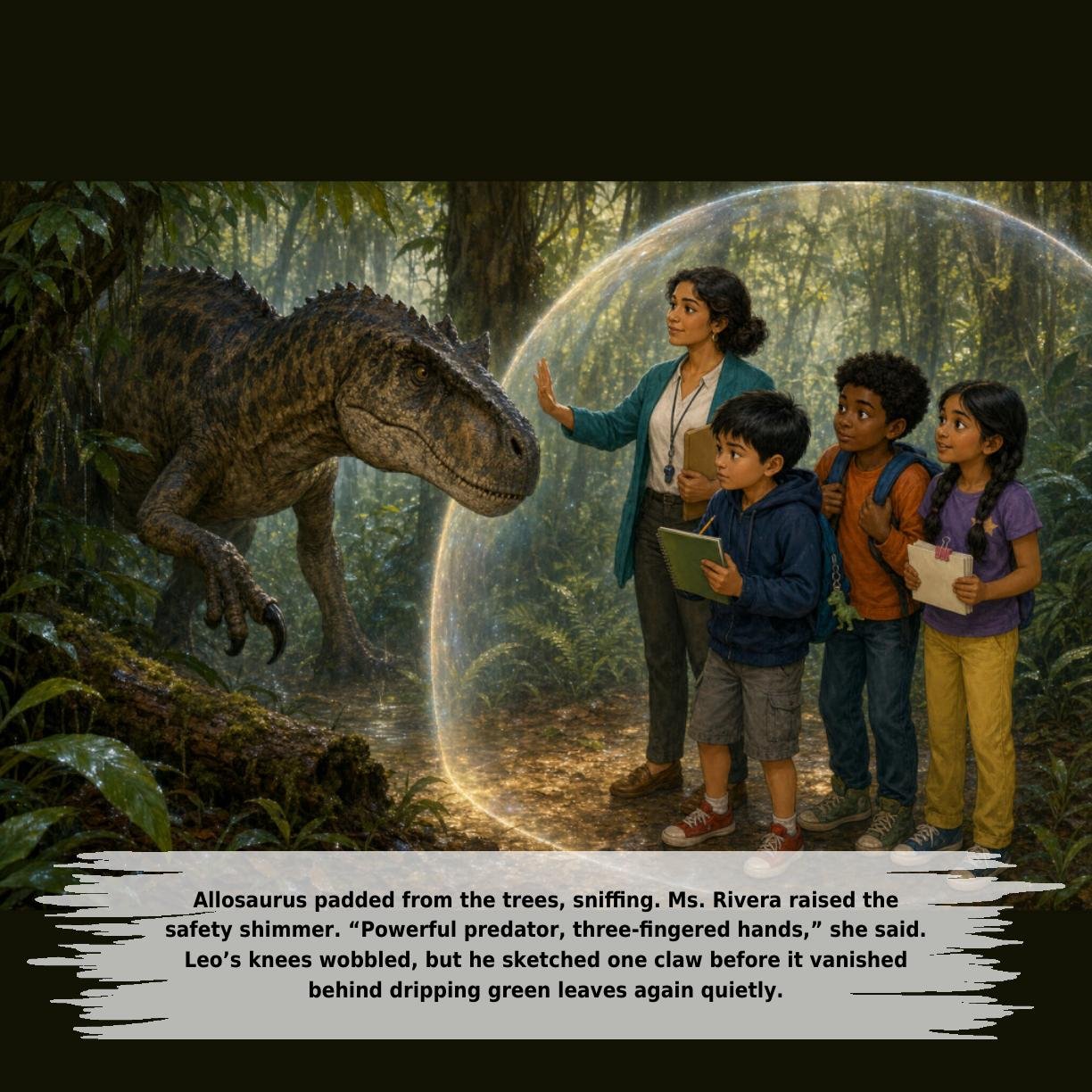 Allosaurus padded from the trees, sniffing. Ms. Rivera raised the
safety shimmer. “Powerful predator, three-fingered hands,” she said.
Leo’s knees wobbled, but he sketched one claw before it vanished
behind dripping green leaves again quietly.