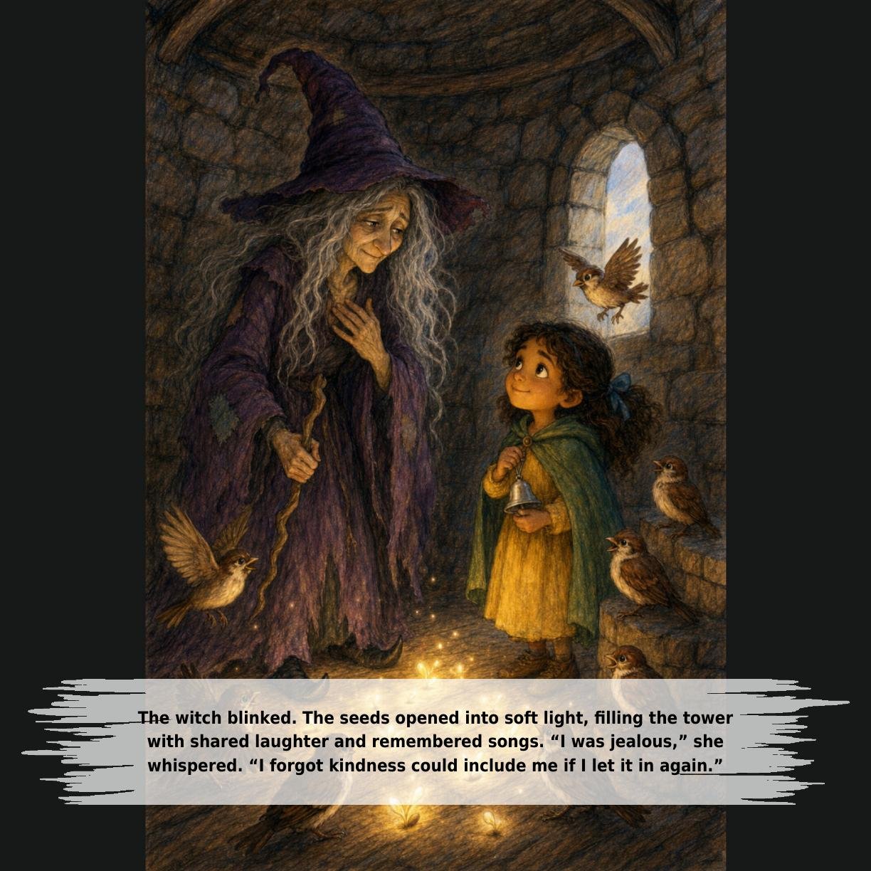 The witch blinked. The seeds opened into soft light, filling the tower
with shared laughter and remembered songs. “I was jealous,” she
whispered. “I forgot kindness could include me if I let it in again.”