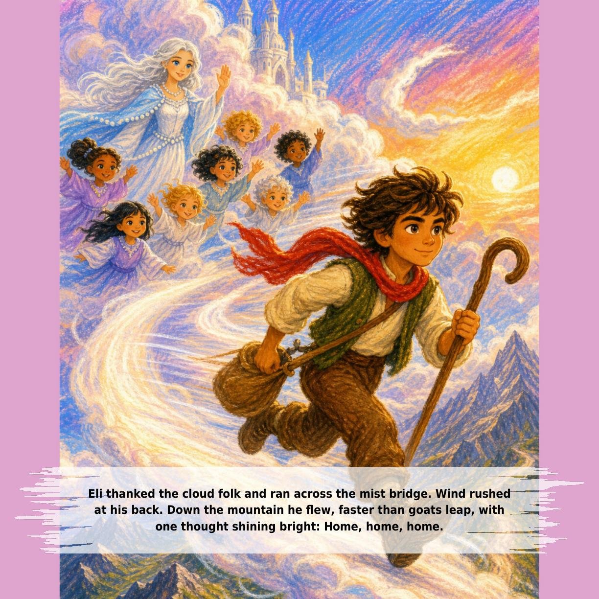 Eli thanked the cloud folk and ran across the mist bridge. Wind rushed
at his back. Down the mountain he flew, faster than goats leap, with
one thought shining bright: Home, home, home.