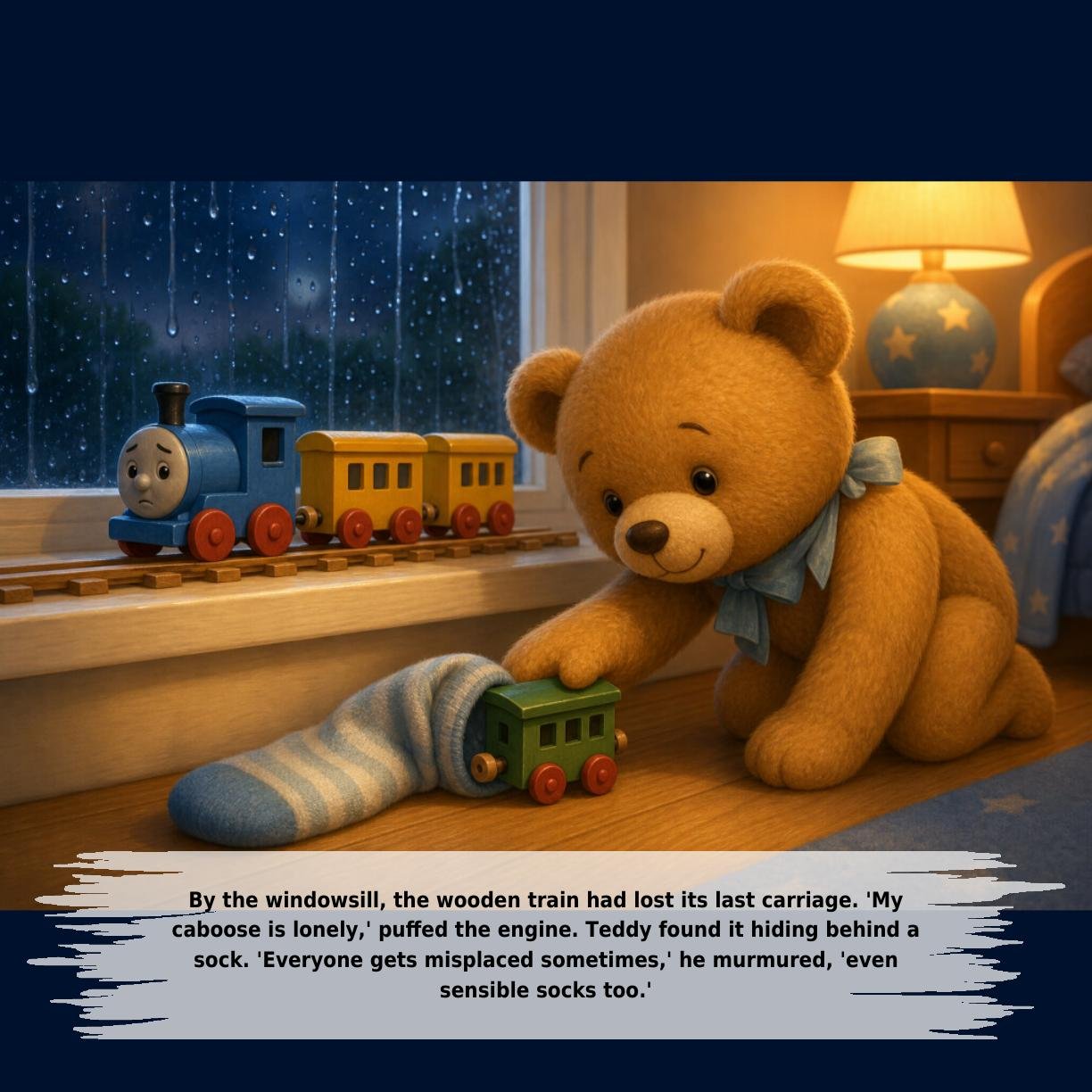 By the windowsill, the wooden train had lost its last carriage. 'My
caboose is lonely,' puffed the engine. Teddy found it hiding behind a
sock. 'Everyone gets misplaced sometimes,' he murmured, 'even
sensible socks too.'