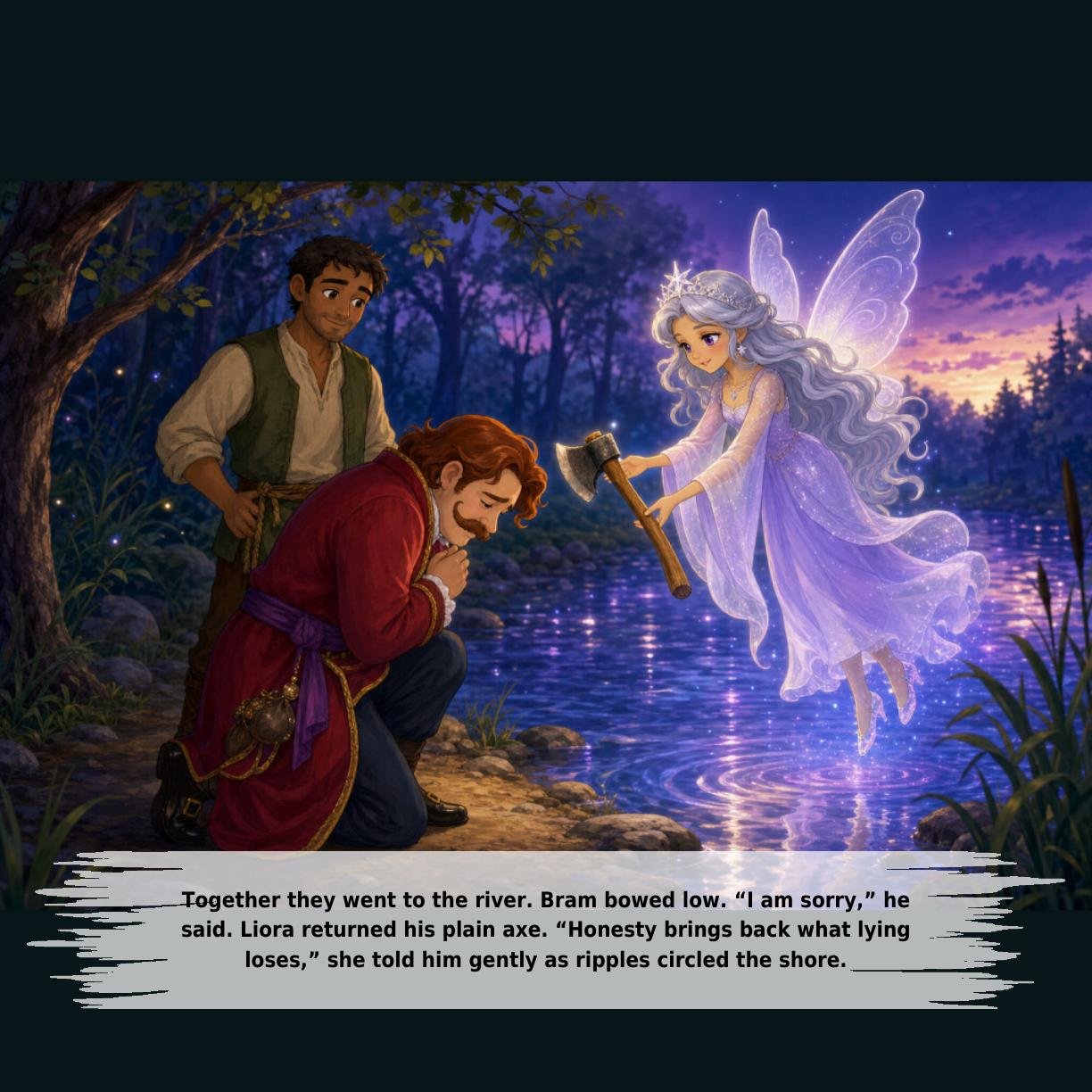 Together they went to the river. Bram bowed low. “I am sorry,” he
said. Liora returned his plain axe. “Honesty brings back what lying
loses,” she told him gently as ripples circled the shore.