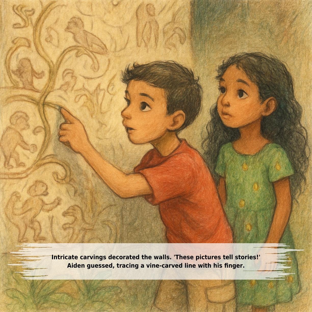 Intricate carvings decorated the walls. 'These pictures tell stories!'
Aiden guessed, tracing a vine-carved line with his finger.