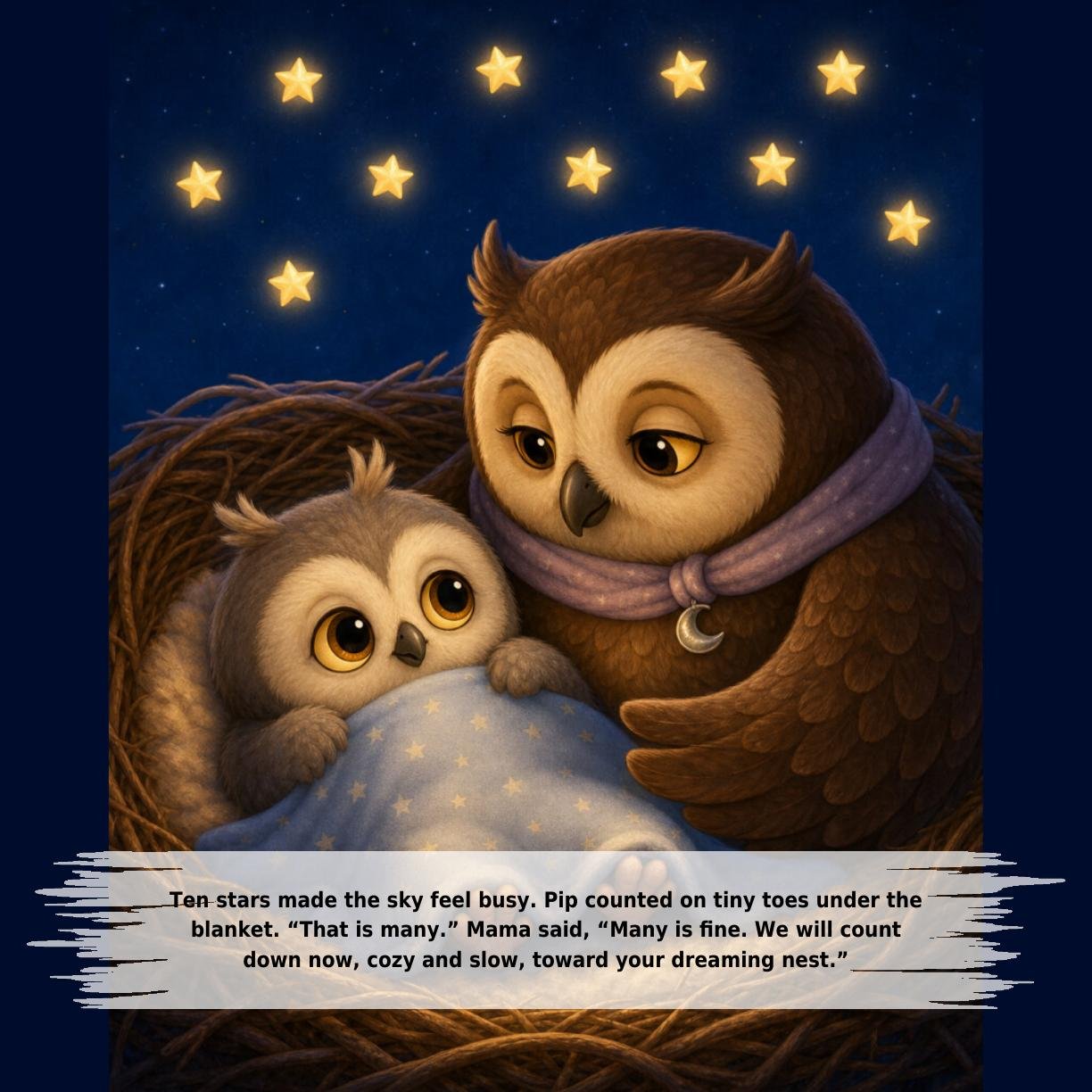 Ten stars made the sky feel busy. Pip counted on tiny toes under the
blanket. “That is many.” Mama said, “Many is fine. We will count
down now, cozy and slow, toward your dreaming nest.”