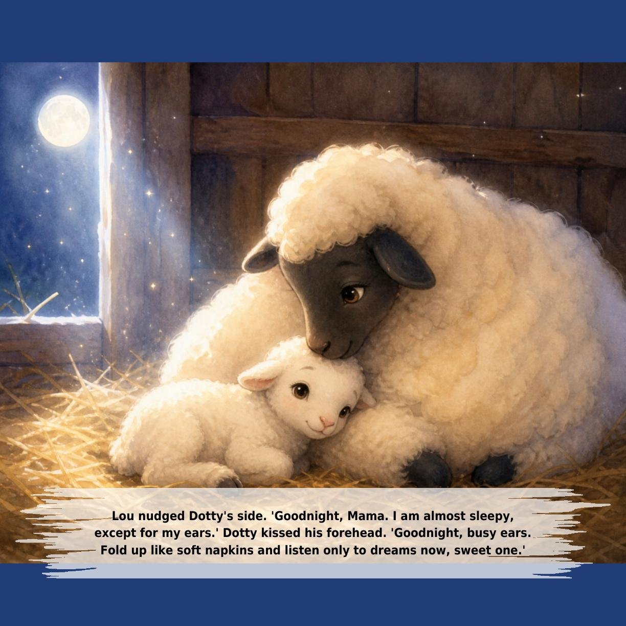 Lou nudged Dotty's side. 'Goodnight, Mama. I am almost sleepy,
except for my ears.' Dotty kissed his forehead. 'Goodnight, busy ears.
Fold up like soft napkins and listen only to dreams now, sweet one.'