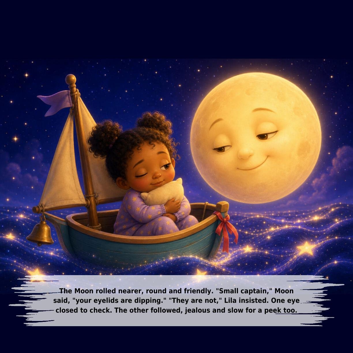 The Moon rolled nearer, round and friendly. "Small captain," Moon
said, "your eyelids are dipping." "They are not," Lila insisted. One eye
closed to check. The other followed, jealous and slow for a peek too.
