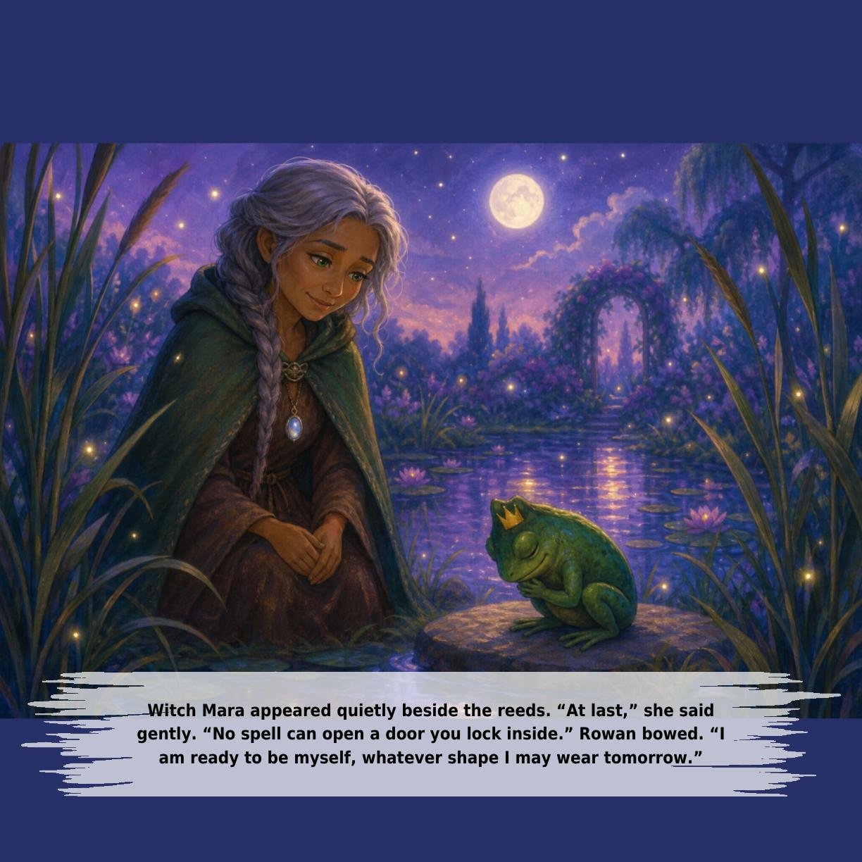 Witch Mara appeared quietly beside the reeds. “At last,” she said
gently. “No spell can open a door you lock inside.” Rowan bowed. “I
am ready to be myself, whatever shape I may wear tomorrow.”