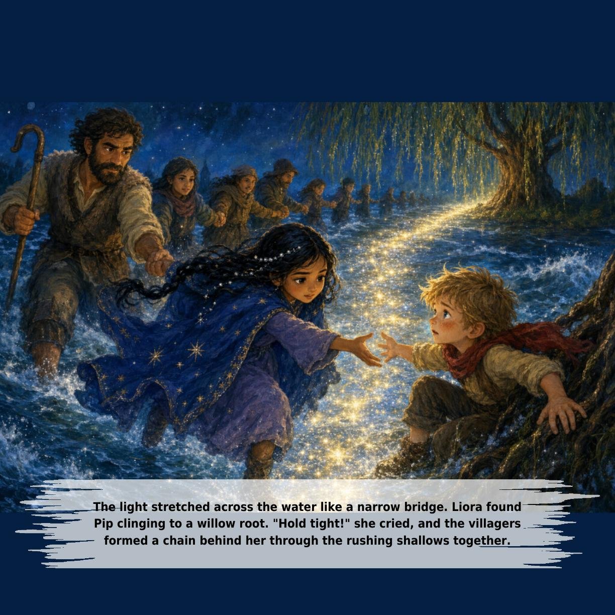 The light stretched across the water like a narrow bridge. Liora found
Pip clinging to a willow root. "Hold tight!" she cried, and the villagers
formed a chain behind her through the rushing shallows together.