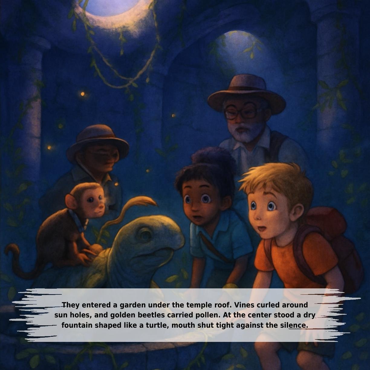 They entered a garden under the temple roof. Vines curled around
sun holes, and golden beetles carried pollen. At the center stood a dry
fountain shaped like a turtle, mouth shut tight against the silence.