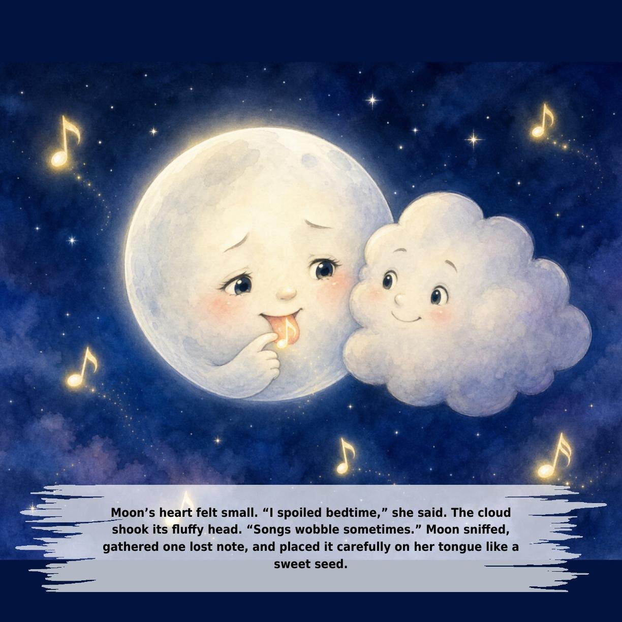 Moon’s heart felt small. “I spoiled bedtime,” she said. The cloud
shook its fluffy head. “Songs wobble sometimes.” Moon sniffed,
gathered one lost note, and placed it carefully on her tongue like a
sweet seed.