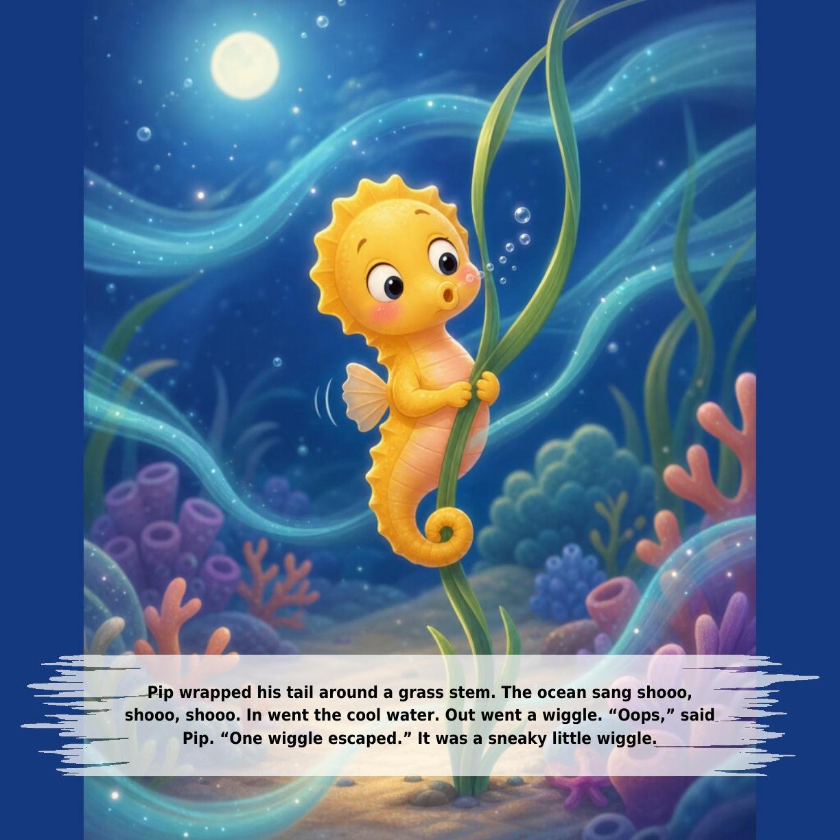Pip wrapped his tail around a grass stem. The ocean sang shooo,
shooo, shooo. In went the cool water. Out went a wiggle. “Oops,” said
Pip. “One wiggle escaped.” It was a sneaky little wiggle.