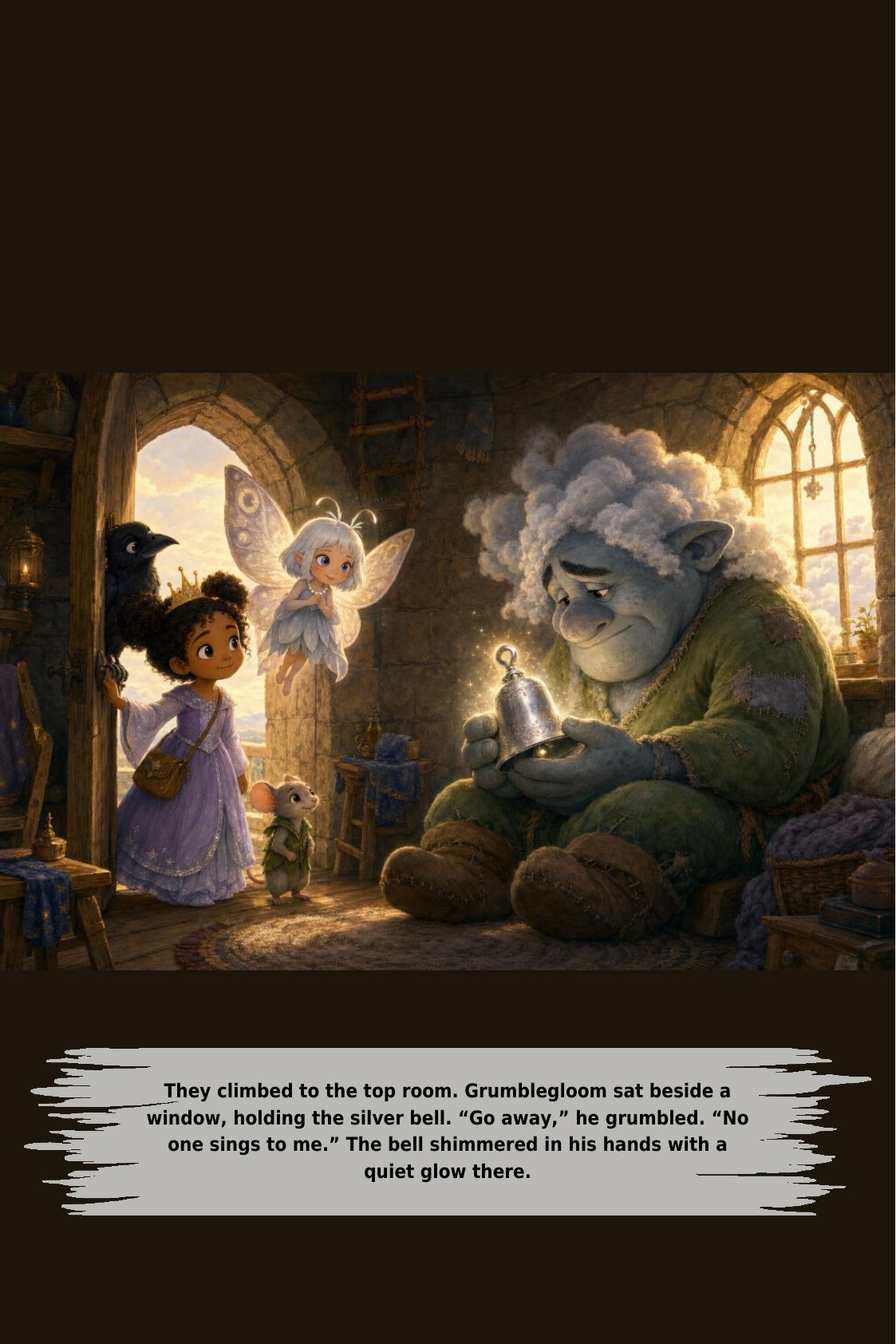 They climbed to the top room. Grumblegloom sat beside a
window, holding the silver bell. “Go away,” he grumbled. “No
one sings to me.” The bell shimmered in his hands with a
quiet glow there.