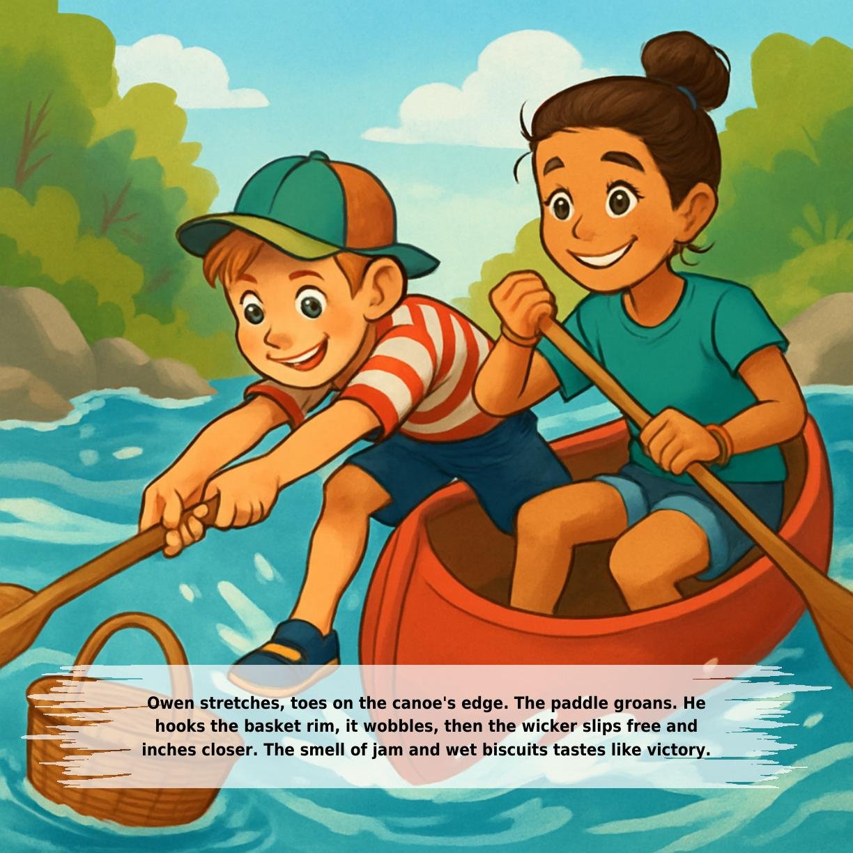Owen stretches, toes on the canoe's edge. The paddle groans. He
hooks the basket rim, it wobbles, then the wicker slips free and
inches closer. The smell of jam and wet biscuits tastes like victory.
