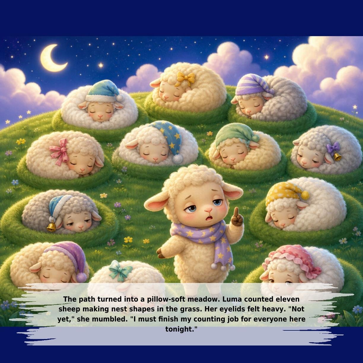 The path turned into a pillow-soft meadow. Luma counted eleven
sheep making nest shapes in the grass. Her eyelids felt heavy. "Not
yet," she mumbled. "I must finish my counting job for everyone here
tonight."