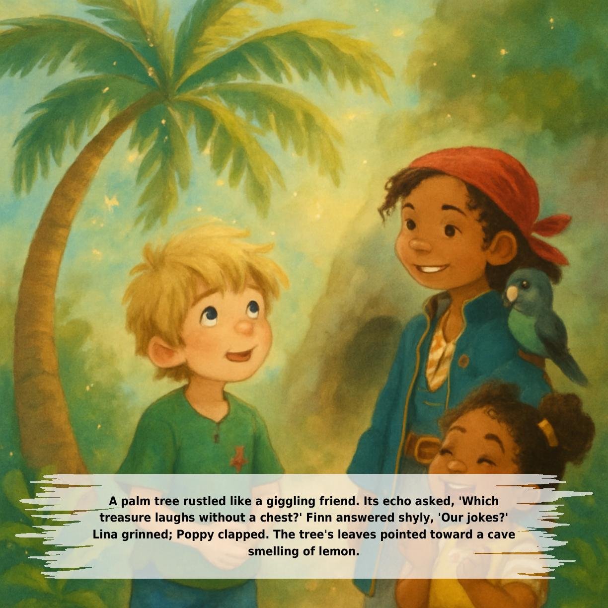 A palm tree rustled like a giggling friend. Its echo asked, 'Which
treasure laughs without a chest?' Finn answered shyly, 'Our jokes?'
Lina grinned; Poppy clapped. The tree's leaves pointed toward a cave
smelling of lemon.