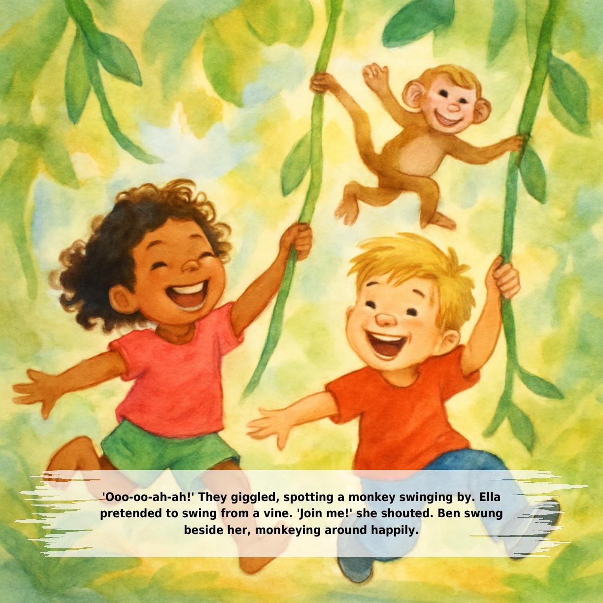 'Ooo-oo-ah-ah!' They giggled, spotting a monkey swinging by. Ella
pretended to swing from a vine. 'Join me!' she shouted. Ben swung
beside her, monkeying around happily.