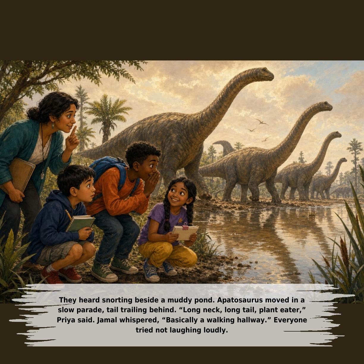 They heard snorting beside a muddy pond. Apatosaurus moved in a
slow parade, tail trailing behind. “Long neck, long tail, plant eater,”
Priya said. Jamal whispered, “Basically a walking hallway.” Everyone
tried not laughing loudly.