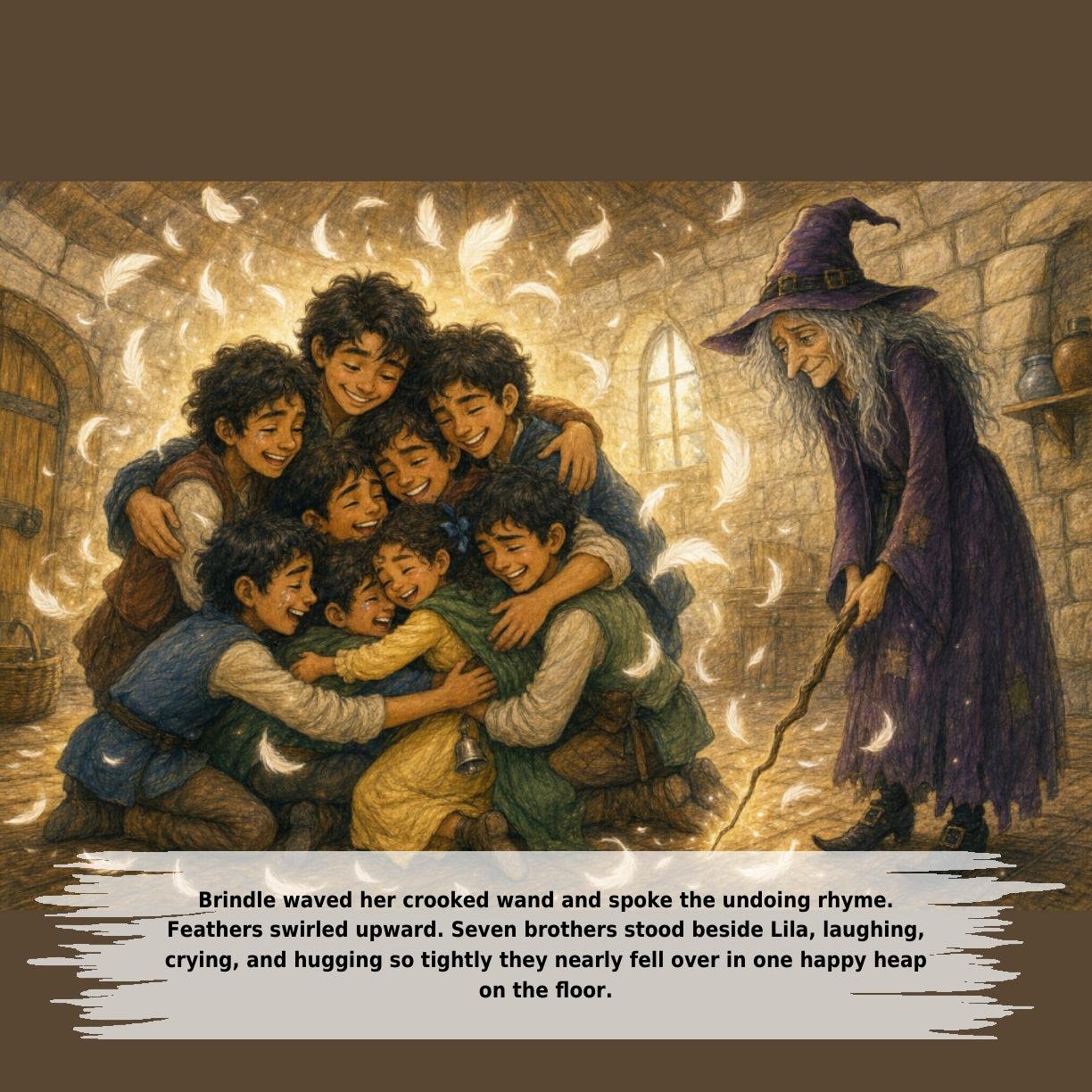Brindle waved her crooked wand and spoke the undoing rhyme.
Feathers swirled upward. Seven brothers stood beside Lila, laughing,
crying, and hugging so tightly they nearly fell over in one happy heap
on the floor.