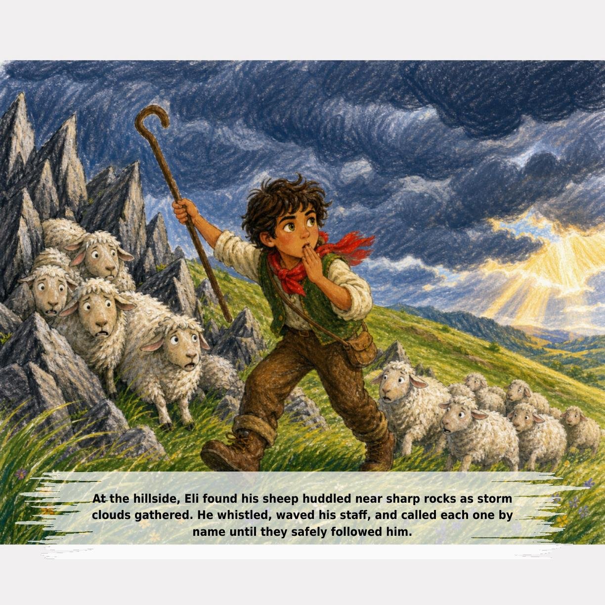 At the hillside, Eli found his sheep huddled near sharp rocks as storm
clouds gathered. He whistled, waved his staff, and called each one by
name until they safely followed him.