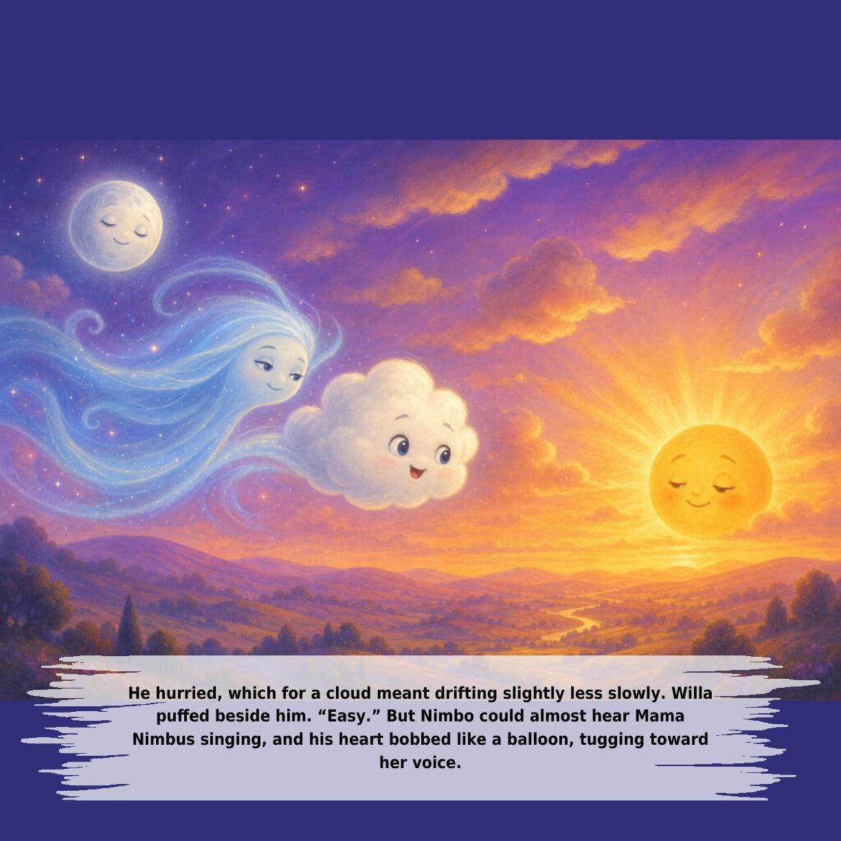 He hurried, which for a cloud meant drifting slightly less slowly. Willa
puffed beside him. “Easy.” But Nimbo could almost hear Mama
Nimbus singing, and his heart bobbed like a balloon, tugging toward
her voice.