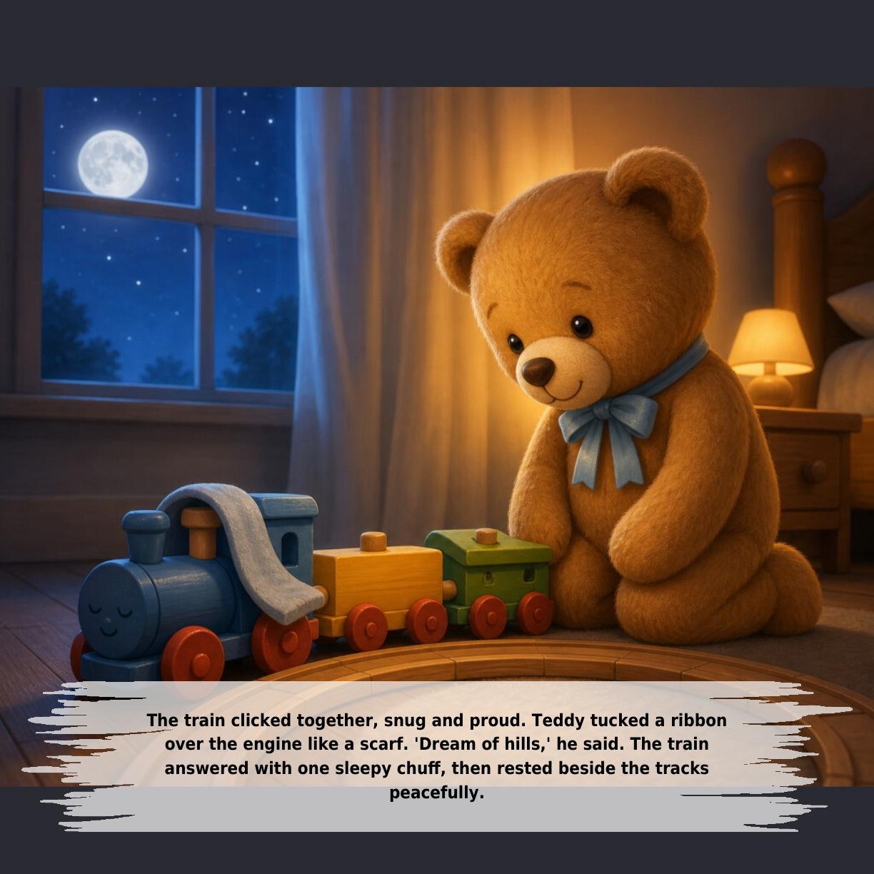 The train clicked together, snug and proud. Teddy tucked a ribbon
over the engine like a scarf. 'Dream of hills,' he said. The train
answered with one sleepy chuff, then rested beside the tracks
peacefully.