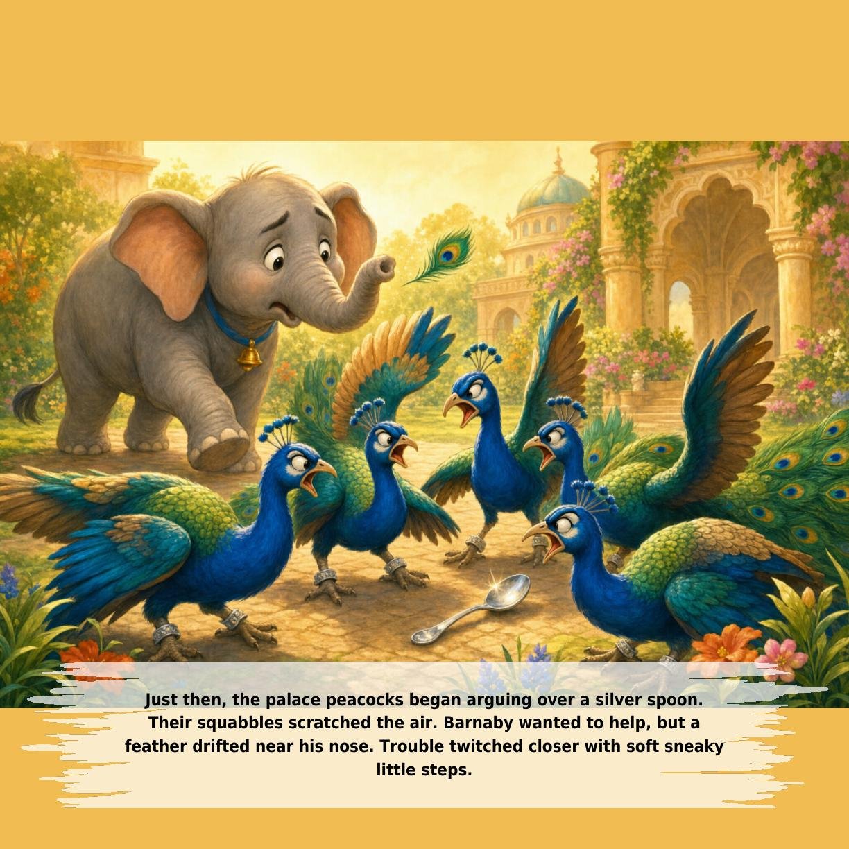 Just then, the palace peacocks began arguing over a silver spoon.
Their squabbles scratched the air. Barnaby wanted to help, but a
feather drifted near his nose. Trouble twitched closer with soft sneaky
little steps.