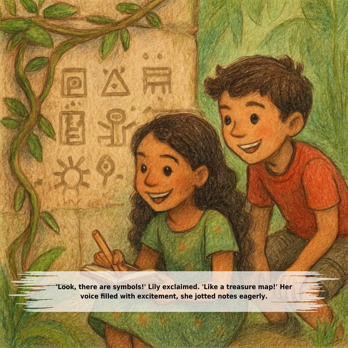 'Look, there are symbols!' Lily exclaimed. 'Like a treasure map!' Her
voice filled with excitement, she jotted notes eagerly.