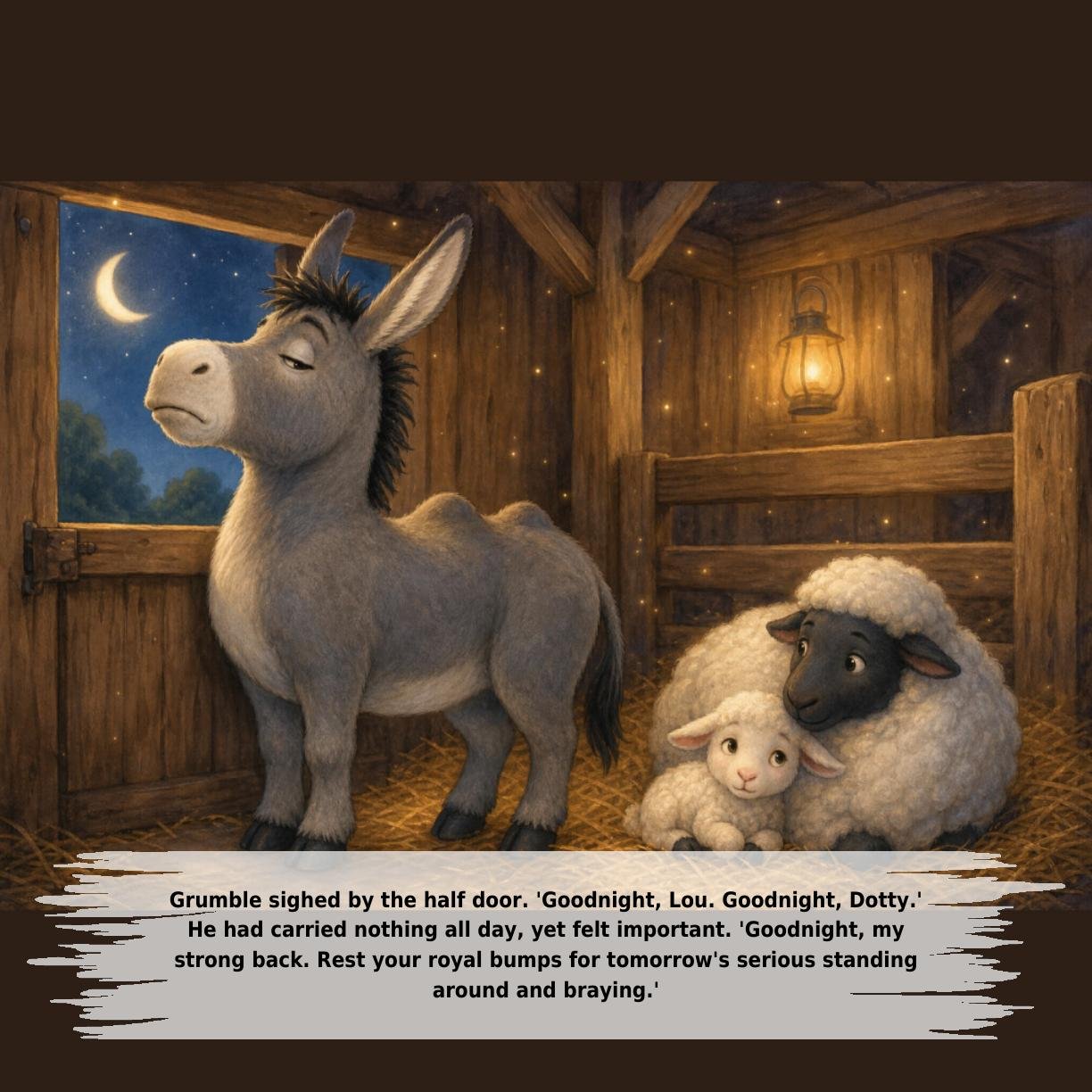 Grumble sighed by the half door. 'Goodnight, Lou. Goodnight, Dotty.'
He had carried nothing all day, yet felt important. 'Goodnight, my
strong back. Rest your royal bumps for tomorrow's serious standing
around and braying.'