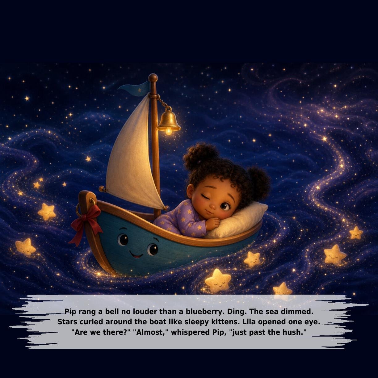 Pip rang a bell no louder than a blueberry. Ding. The sea dimmed.
Stars curled around the boat like sleepy kittens. Lila opened one eye.
"Are we there?" "Almost," whispered Pip, "just past the hush."