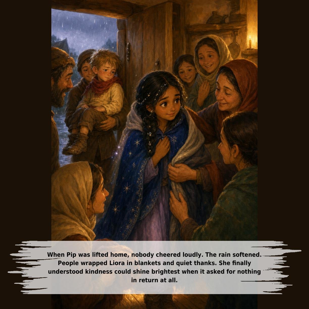 When Pip was lifted home, nobody cheered loudly. The rain softened.
People wrapped Liora in blankets and quiet thanks. She finally
understood kindness could shine brightest when it asked for nothing
in return at all.