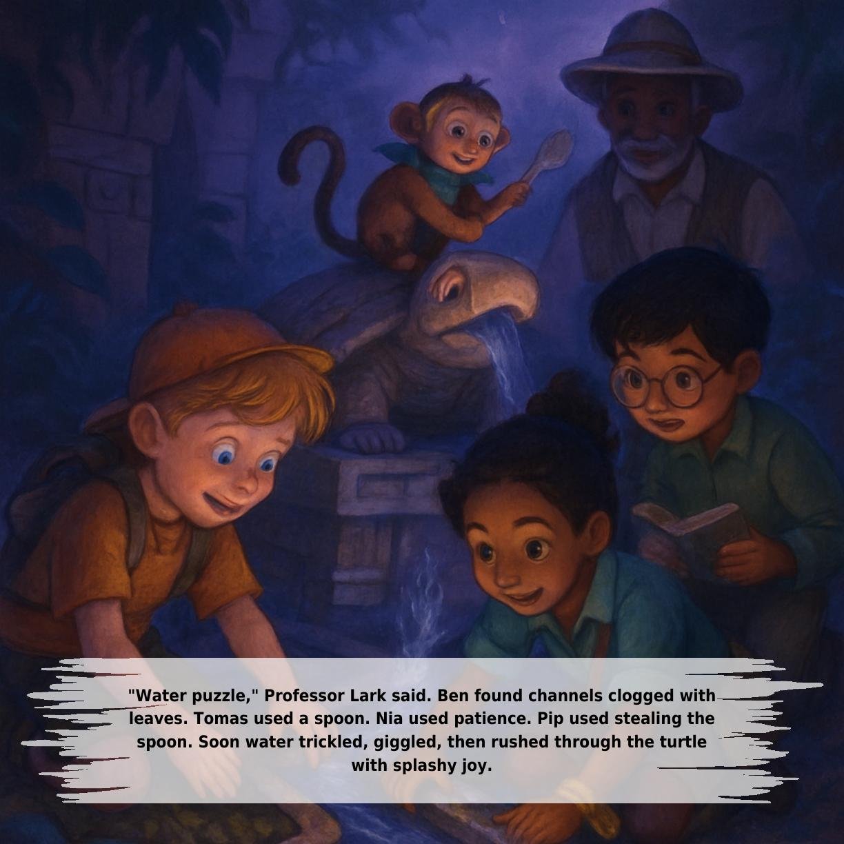 "Water puzzle," Professor Lark said. Ben found channels clogged with
leaves. Tomas used a spoon. Nia used patience. Pip used stealing the
spoon. Soon water trickled, giggled, then rushed through the turtle
with splashy joy.