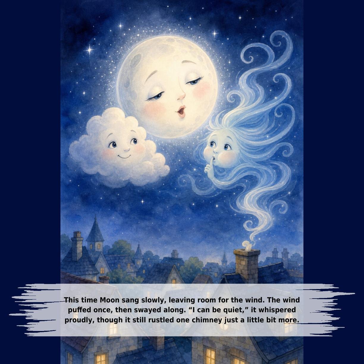 This time Moon sang slowly, leaving room for the wind. The wind
puffed once, then swayed along. “I can be quiet,” it whispered
proudly, though it still rustled one chimney just a little bit more.