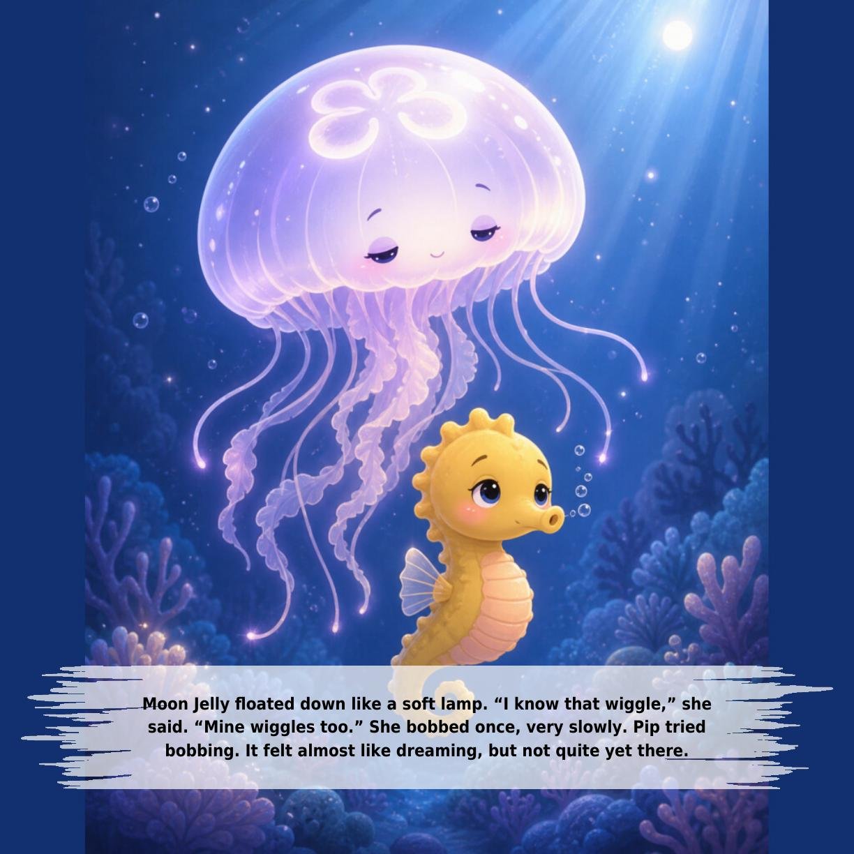 Moon Jelly floated down like a soft lamp. “I know that wiggle,” she
said. “Mine wiggles too.” She bobbed once, very slowly. Pip tried
bobbing. It felt almost like dreaming, but not quite yet there.