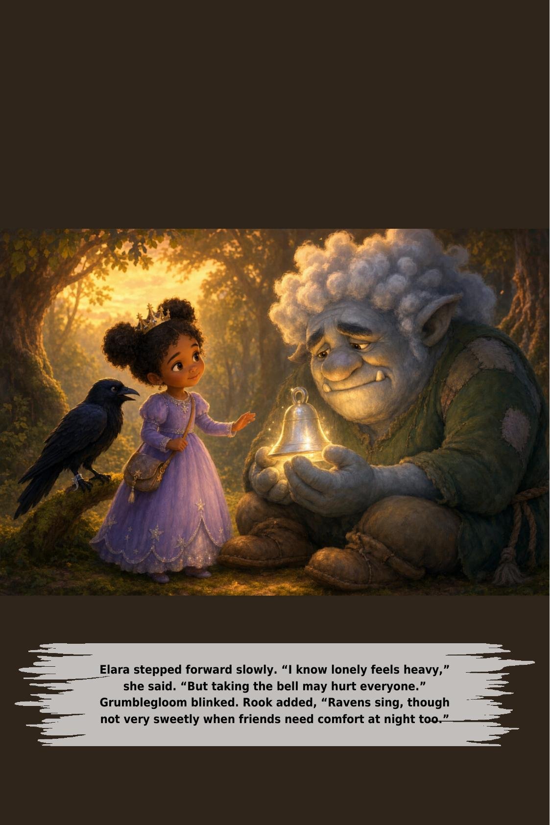 Elara stepped forward slowly. “I know lonely feels heavy,”
she said. “But taking the bell may hurt everyone.”
Grumblegloom blinked. Rook added, “Ravens sing, though
not very sweetly when friends need comfort at night too.”