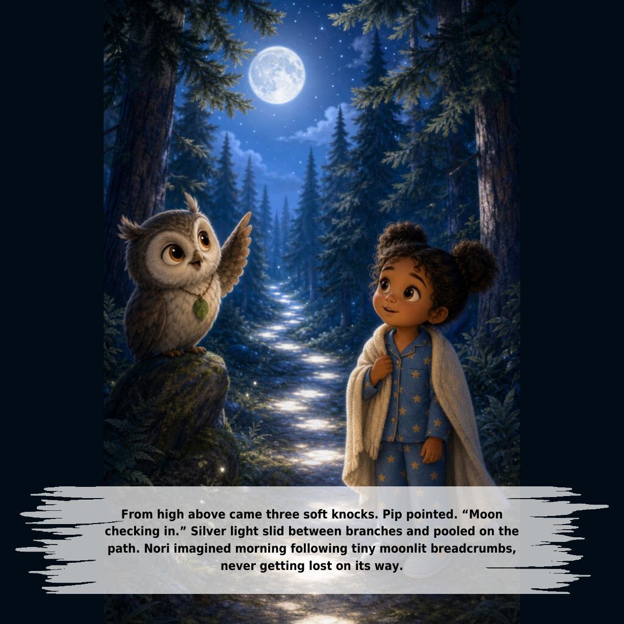 From high above came three soft knocks. Pip pointed. “Moon
checking in.” Silver light slid between branches and pooled on the
path. Nori imagined morning following tiny moonlit breadcrumbs,
never getting lost on its way.