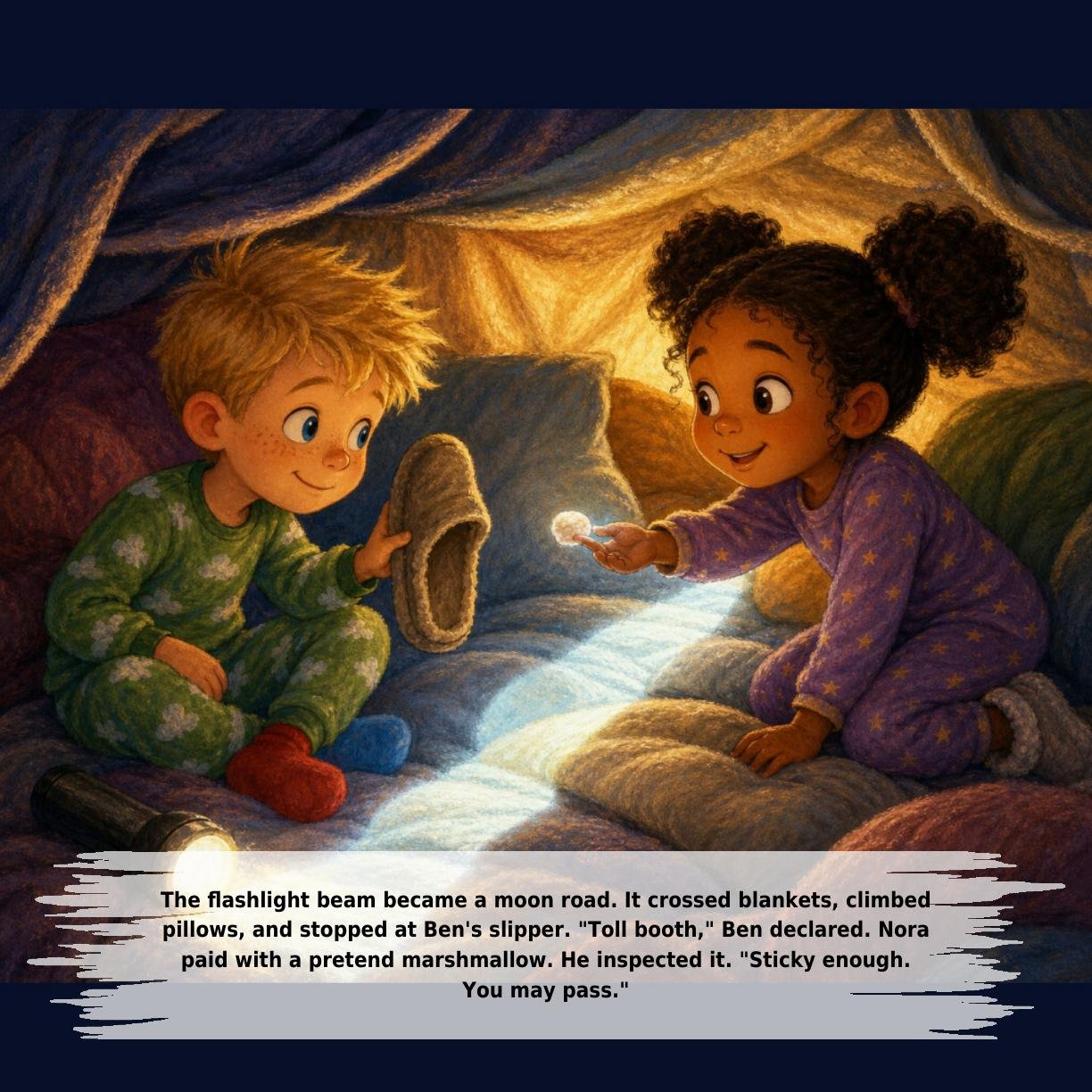 The flashlight beam became a moon road. It crossed blankets, climbed
pillows, and stopped at Ben's slipper. "Toll booth," Ben declared. Nora
paid with a pretend marshmallow. He inspected it. "Sticky enough.
You may pass."