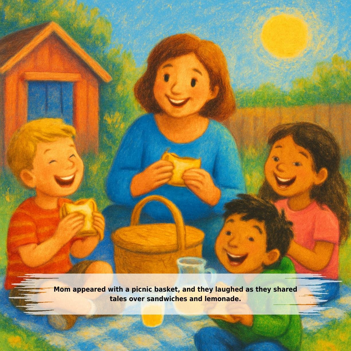 Mom appeared with a picnic basket, and they laughed as they shared
tales over sandwiches and lemonade.