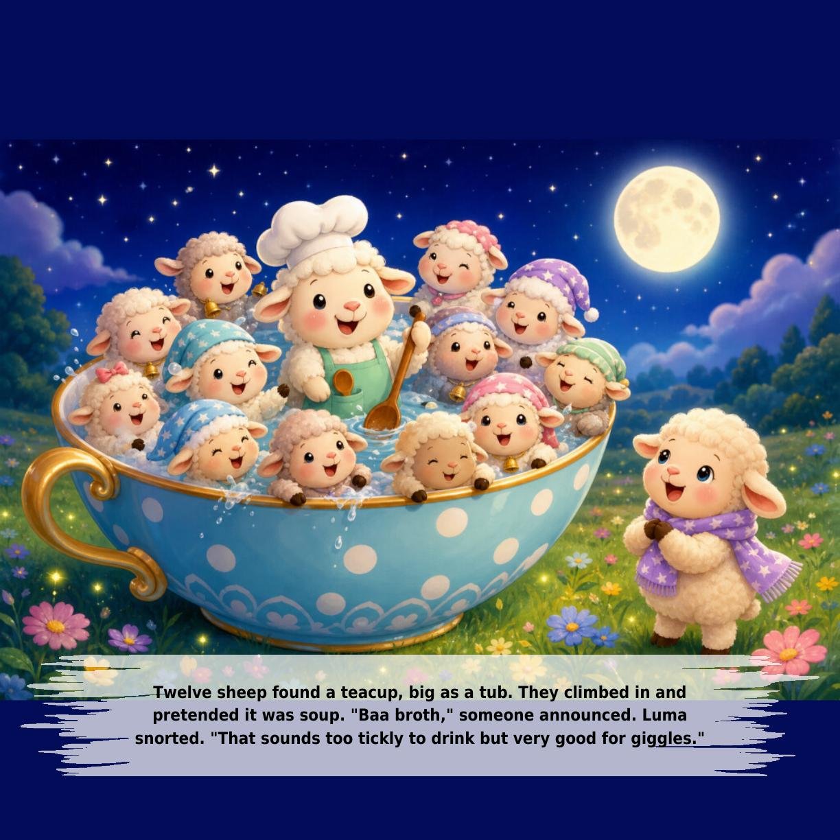 Twelve sheep found a teacup, big as a tub. They climbed in and
pretended it was soup. "Baa broth," someone announced. Luma
snorted. "That sounds too tickly to drink but very good for giggles."