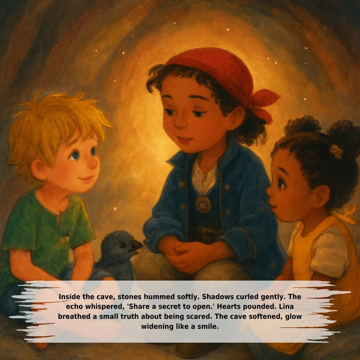 Inside the cave, stones hummed softly. Shadows curled gently. The
echo whispered, 'Share a secret to open.' Hearts pounded. Lina
breathed a small truth about being scared. The cave softened, glow
widening like a smile.