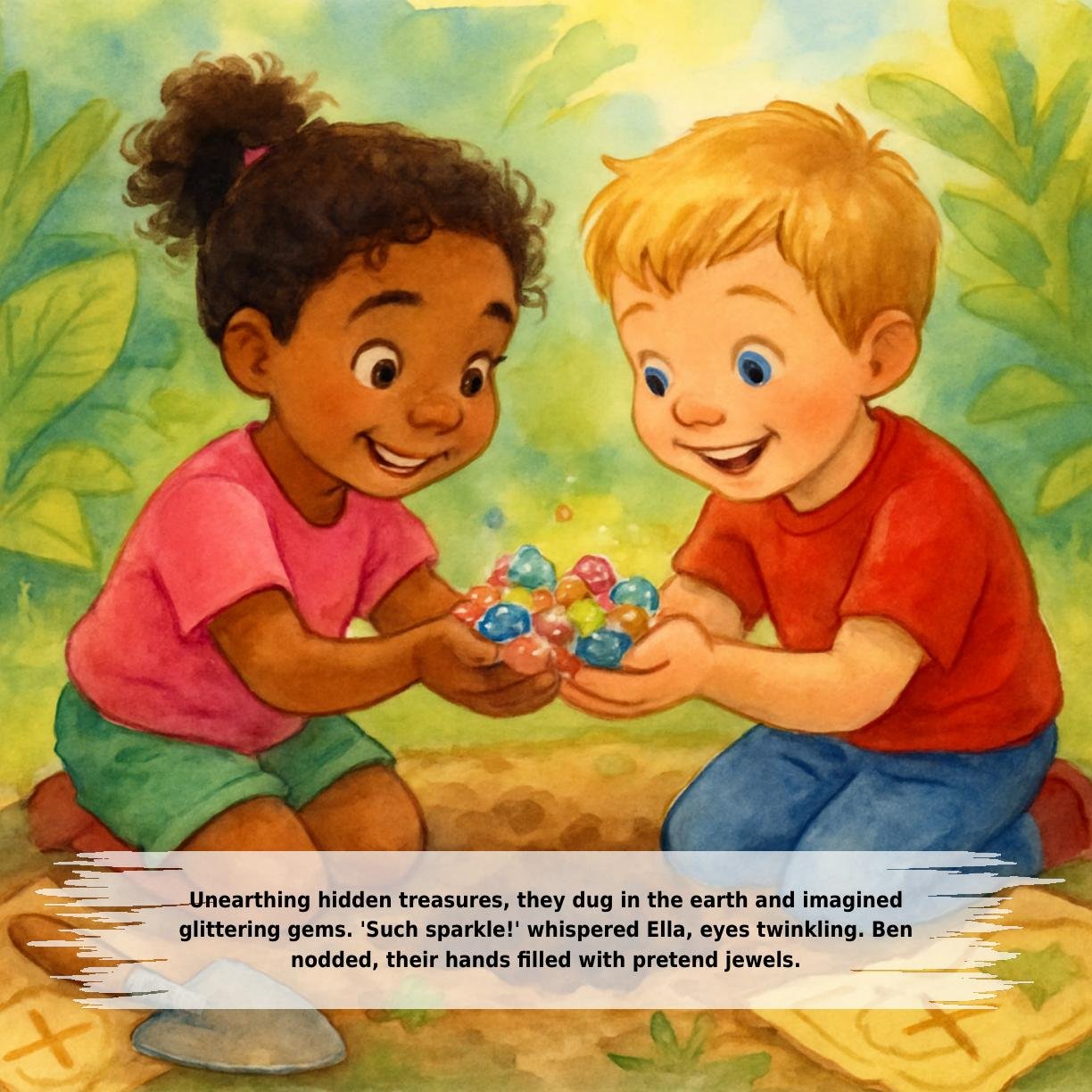 Unearthing hidden treasures, they dug in the earth and imagined
glittering gems. 'Such sparkle!' whispered Ella, eyes twinkling. Ben
nodded, their hands filled with pretend jewels.