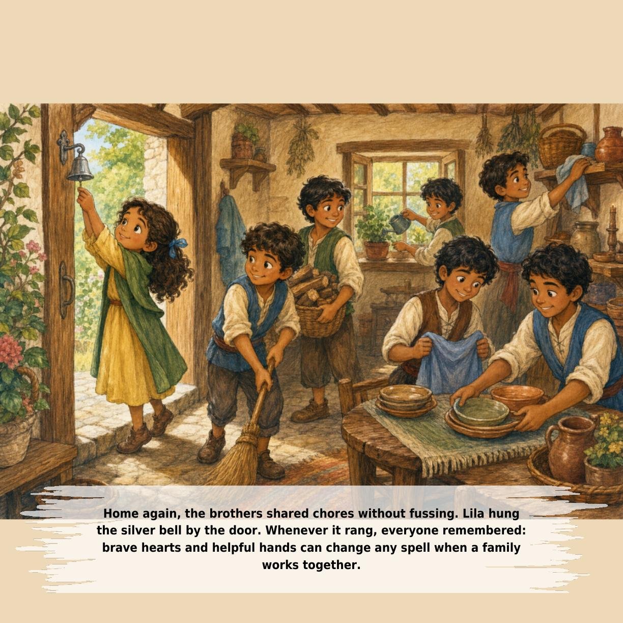 Home again, the brothers shared chores without fussing. Lila hung
the silver bell by the door. Whenever it rang, everyone remembered:
brave hearts and helpful hands can change any spell when a family
works together.
