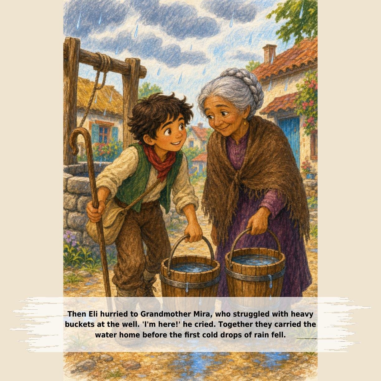 Then Eli hurried to Grandmother Mira, who struggled with heavy
buckets at the well. 'I'm here!' he cried. Together they carried the
water home before the first cold drops of rain fell.