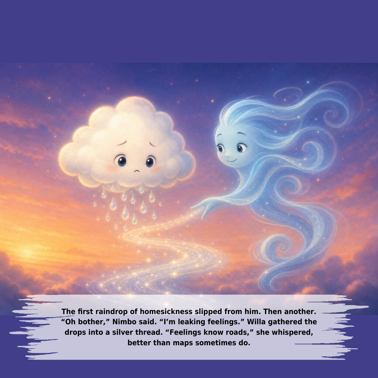 The first raindrop of homesickness slipped from him. Then another.
“Oh bother,” Nimbo said. “I’m leaking feelings.” Willa gathered the
drops into a silver thread. “Feelings know roads,” she whispered,
better than maps sometimes do.