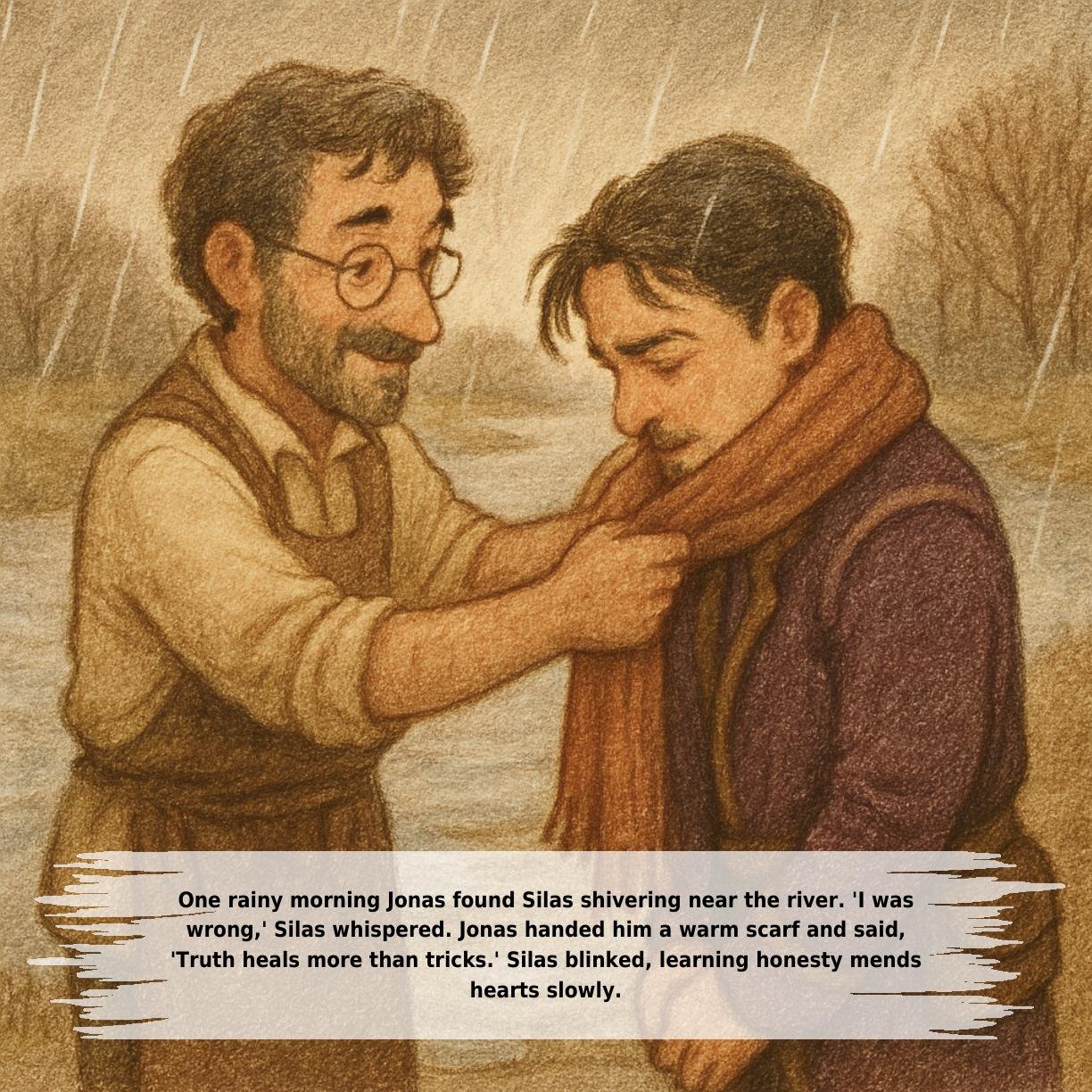 One rainy morning Jonas found Silas shivering near the river. 'I was
wrong,' Silas whispered. Jonas handed him a warm scarf and said,
'Truth heals more than tricks.' Silas blinked, learning honesty mends
hearts slowly.