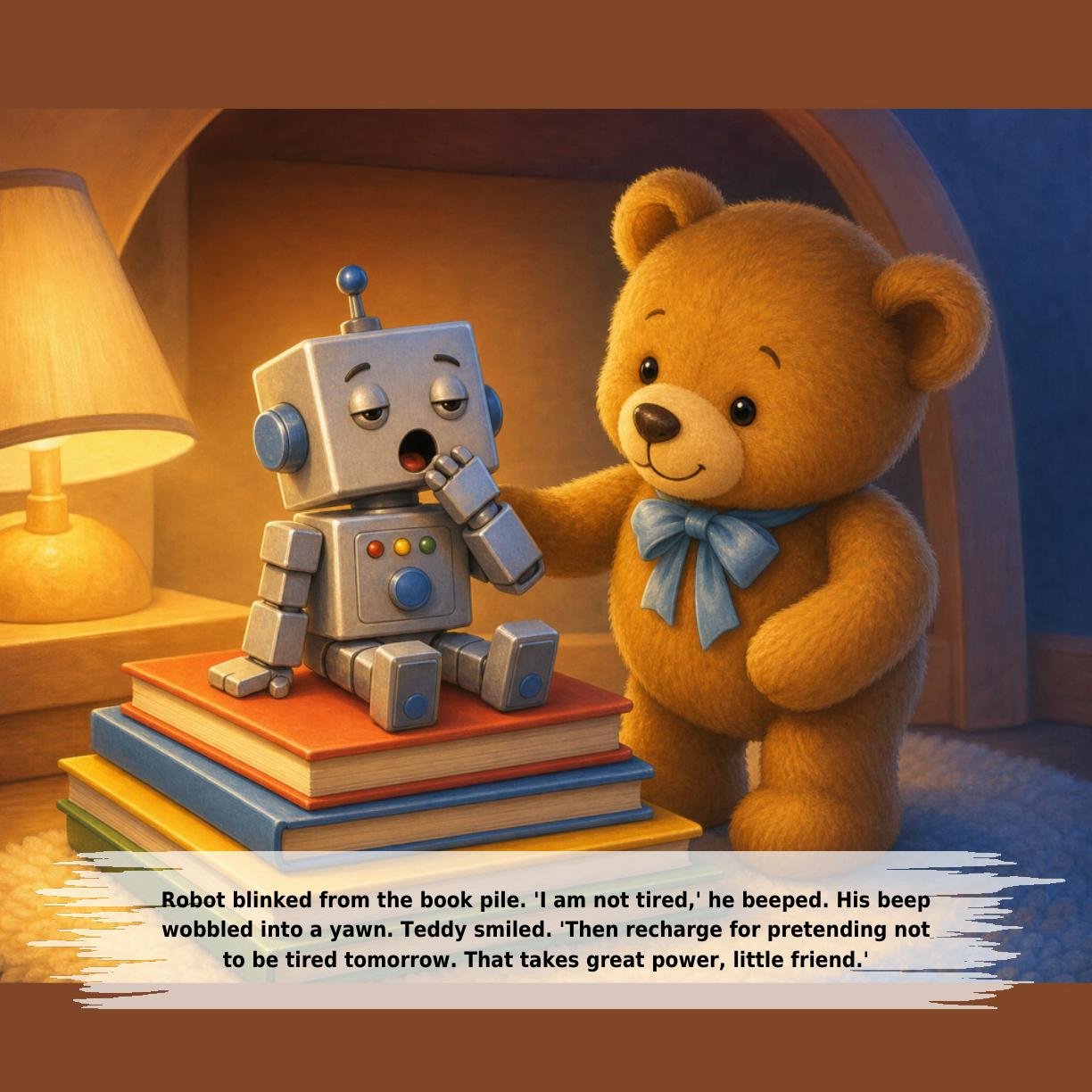 Robot blinked from the book pile. 'I am not tired,' he beeped. His beep
wobbled into a yawn. Teddy smiled. 'Then recharge for pretending not
to be tired tomorrow. That takes great power, little friend.'