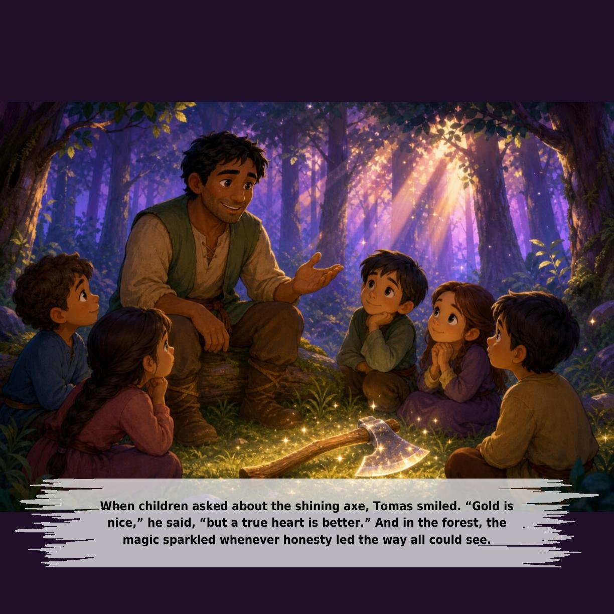 When children asked about the shining axe, Tomas smiled. “Gold is
nice,” he said, “but a true heart is better.” And in the forest, the
magic sparkled whenever honesty led the way all could see.