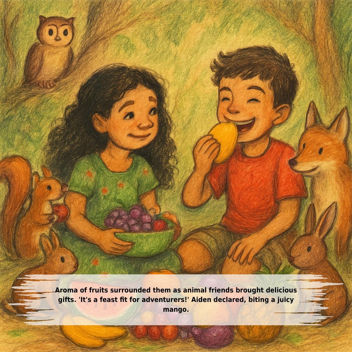 Aroma of fruits surrounded them as animal friends brought delicious
gifts. 'It's a feast fit for adventurers!' Aiden declared, biting a juicy
mango.