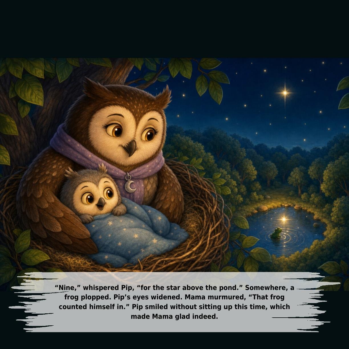 “Nine,” whispered Pip, “for the star above the pond.” Somewhere, a
frog plopped. Pip’s eyes widened. Mama murmured, “That frog
counted himself in.” Pip smiled without sitting up this time, which
made Mama glad indeed.