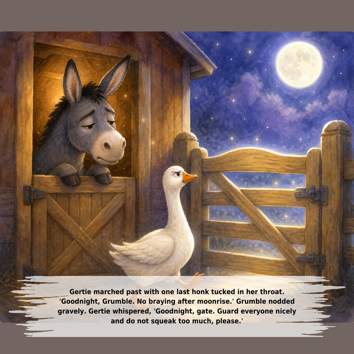 Gertie marched past with one last honk tucked in her throat.
'Goodnight, Grumble. No braying after moonrise.' Grumble nodded
gravely. Gertie whispered, 'Goodnight, gate. Guard everyone nicely
and do not squeak too much, please.'