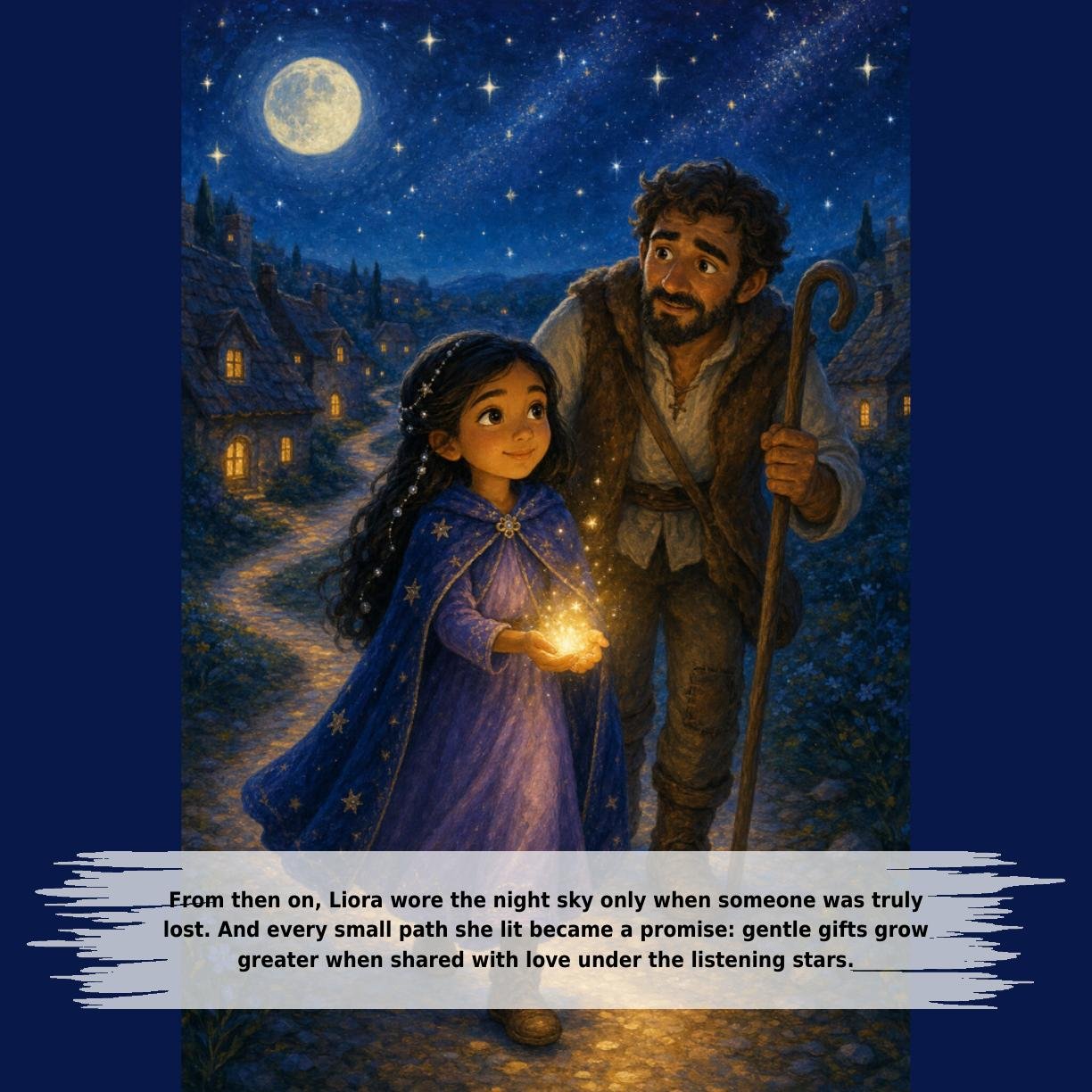 From then on, Liora wore the night sky only when someone was truly
lost. And every small path she lit became a promise: gentle gifts grow
greater when shared with love under the listening stars.